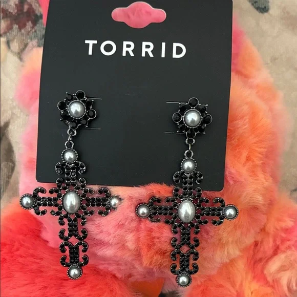 Torrid Black and Silver Cross Drop Dangle Earrings Rhinestone Hematite New - Picture 1 of 3
